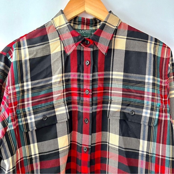 LAUREN RALPH LAUREN | Wool Plaid Tartan Button Up long Sleeve Shirt Top Large - Picture 2 of 8